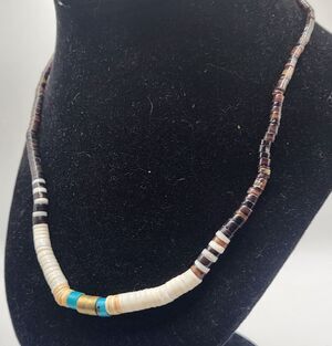 Vtg Santo Domingo Kewa Heishi Shell Necklace Turquoise Brass Bead Southwest 18"